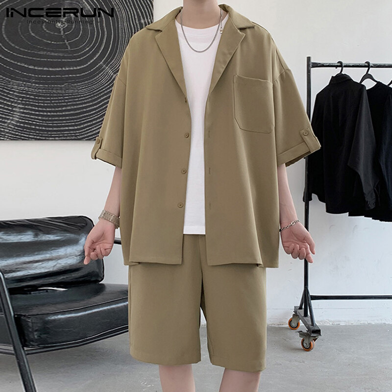INCERUN 男士短袖韓版休閒西裝紐扣襯衫鬆緊腰短褲套裝（韓版）