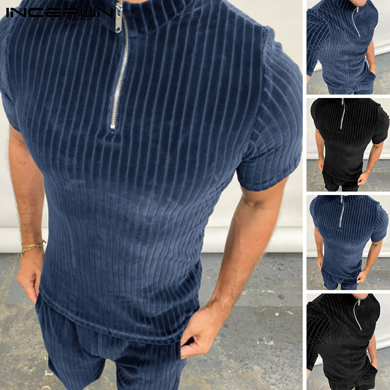 Beehoo INCERUN 男士短袖拉鍊套裝短褲套裝合身睡衣內衣（西式）